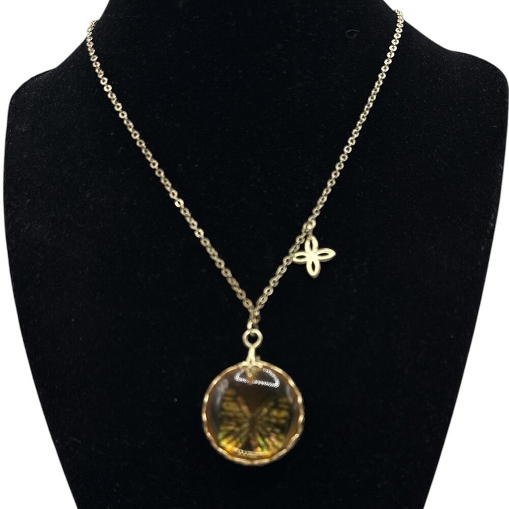Fossil Amber-Hued Butterfly Pendant Necklace – Multi-Charm Chain 16” - 18”